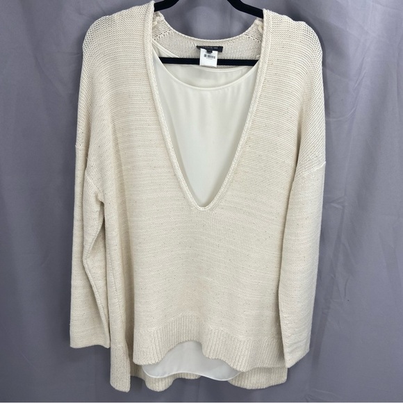 Lafayette 148 Oversized V-Neck Sweater Cotton Silk Ivory with Gold Sequins - Picture 1 of 9